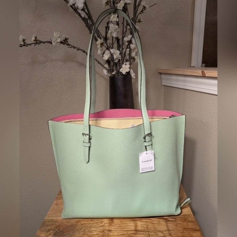 Coach Pebbled Leather Mollie (Large) Tote in PALE PISTACHIO - NWT - Picture 2 of 8